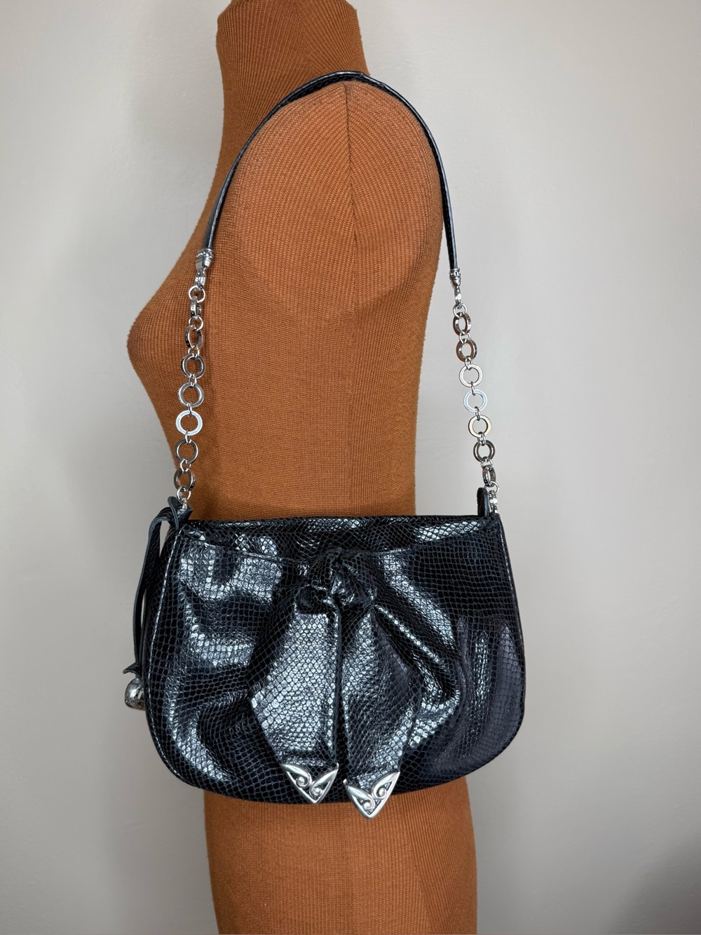 Brighton Nolita Black Leather Snake Embossed Print Hobo Silver Chain Strap